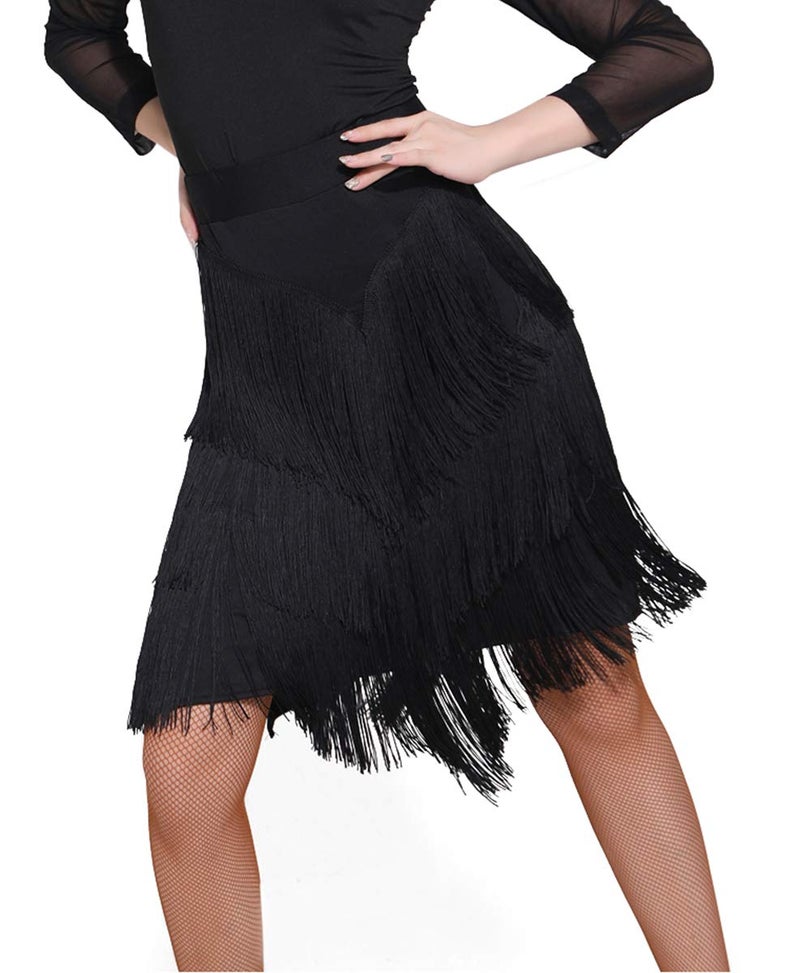 ZX Z&X Women's Ballroom Latin Tango Slasa Dance Skirt Fringe Split Leg Halloween Party Dance Dress with Shorts, Black, Tag L, Fit US 6-8 - Image 4